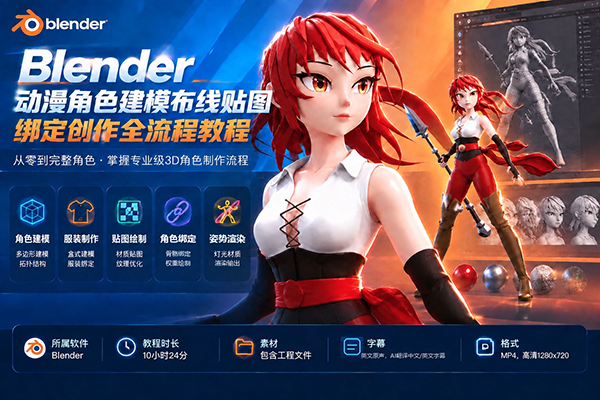 Blender动漫角色建模布线贴图绑定创作全流程教程(中英文字幕)