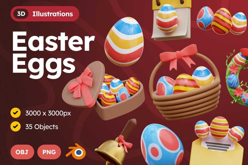 36个复活节彩蛋图标3D模型素材下载(Blender,OBJ,PNG) 35 3D Easter Eggs Icons