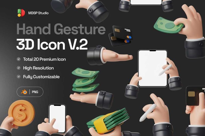 20个Blender手势图标3D模型素材下载 20 Hand Gesture 3D Icon Set