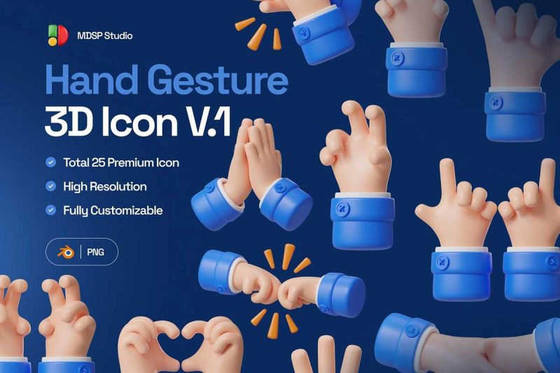 25个Blender卡通小手手势图标3D模型素材 25 Hand Gesture 3D Icon Set