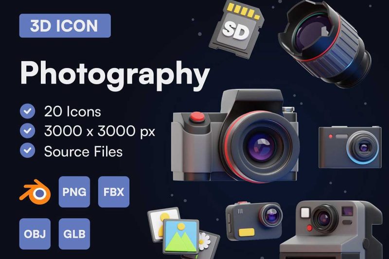20个高质量的摄影设备3D图标模型素材(Blender,FBX,OBJ,PNG) 20 Photography 3D Icon Set