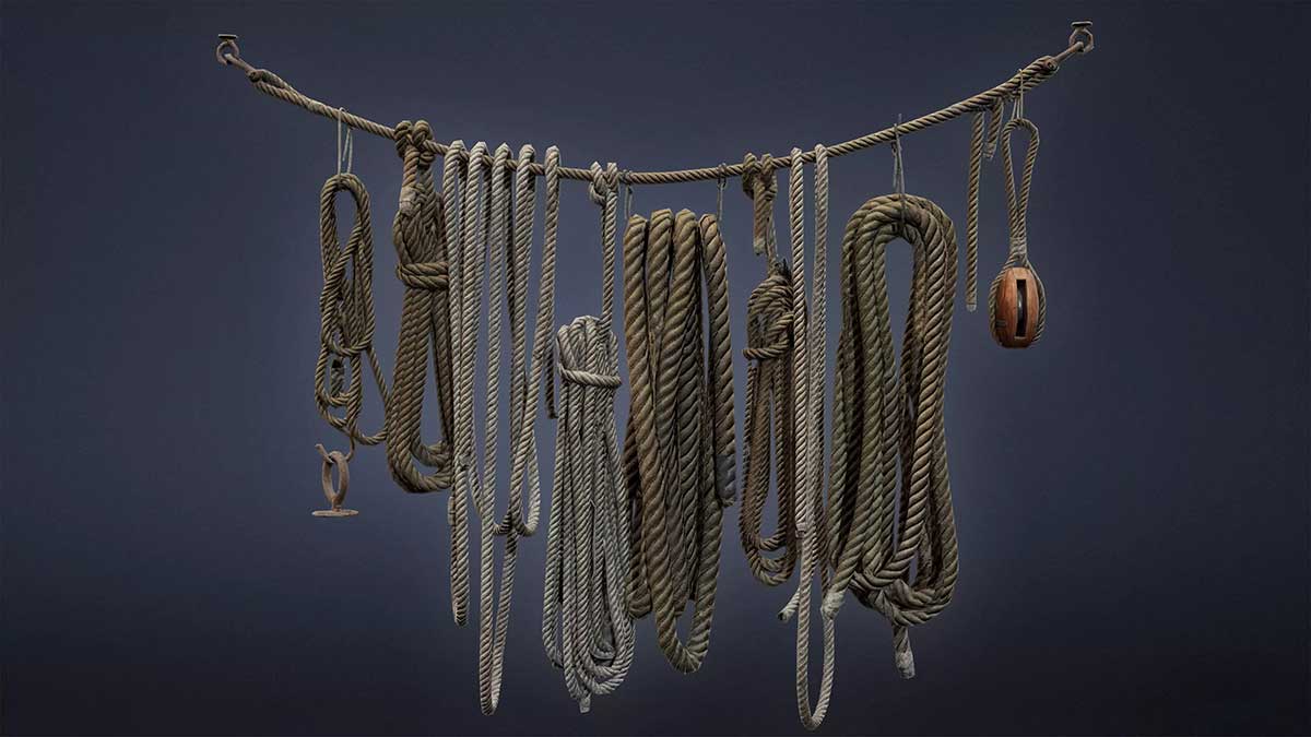 海边码头悬挂绳子绳索捕捞绳子3D模型素材(FBX通用格式) SEASIDE DOCKS - Hanging Ropes 01 - NANITE AND LOW POLY Low-poly 3D model