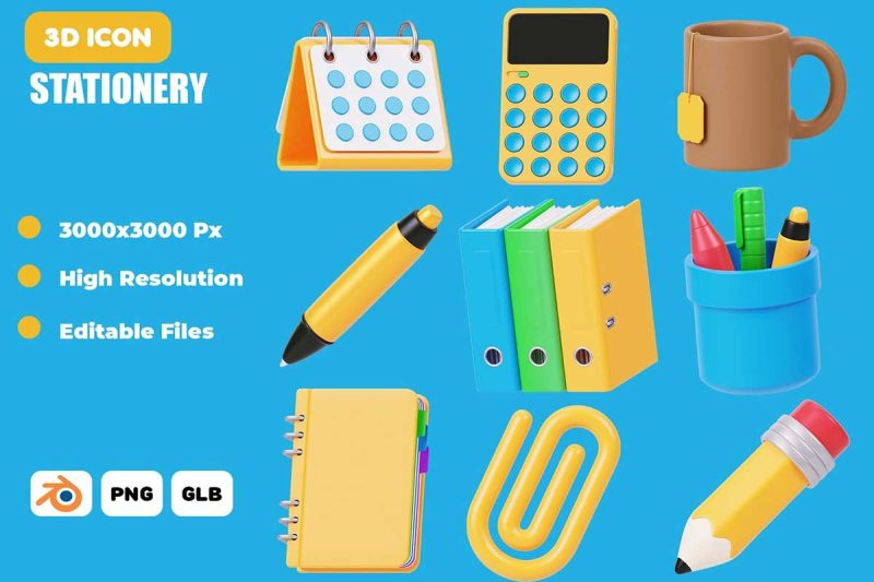 22个卡通办公文具主题图标3D模型素材(Blender,FBX,PNG) Stationery 3D Icon Set