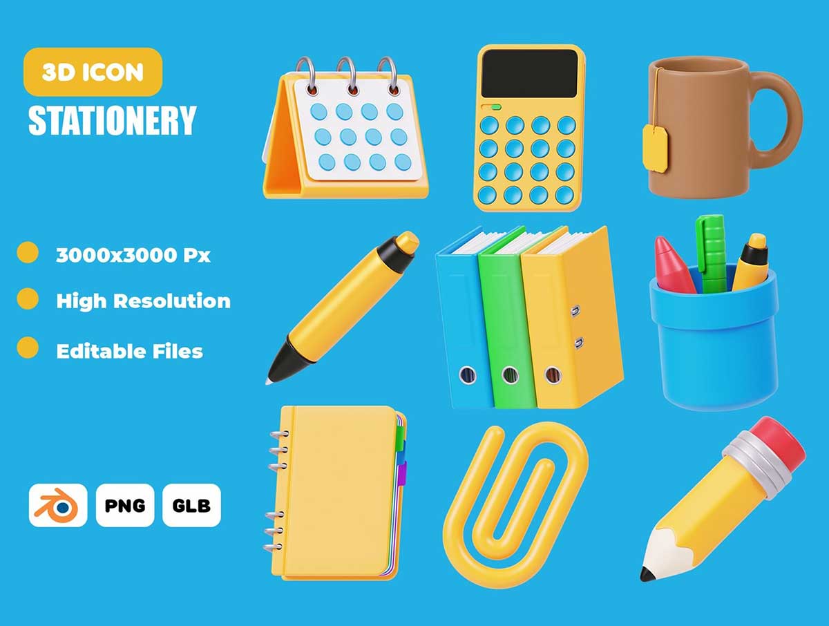 22个卡通办公文具主题图标3D模型素材(Blender,FBX,PNG) Stationery 3D Icon Set