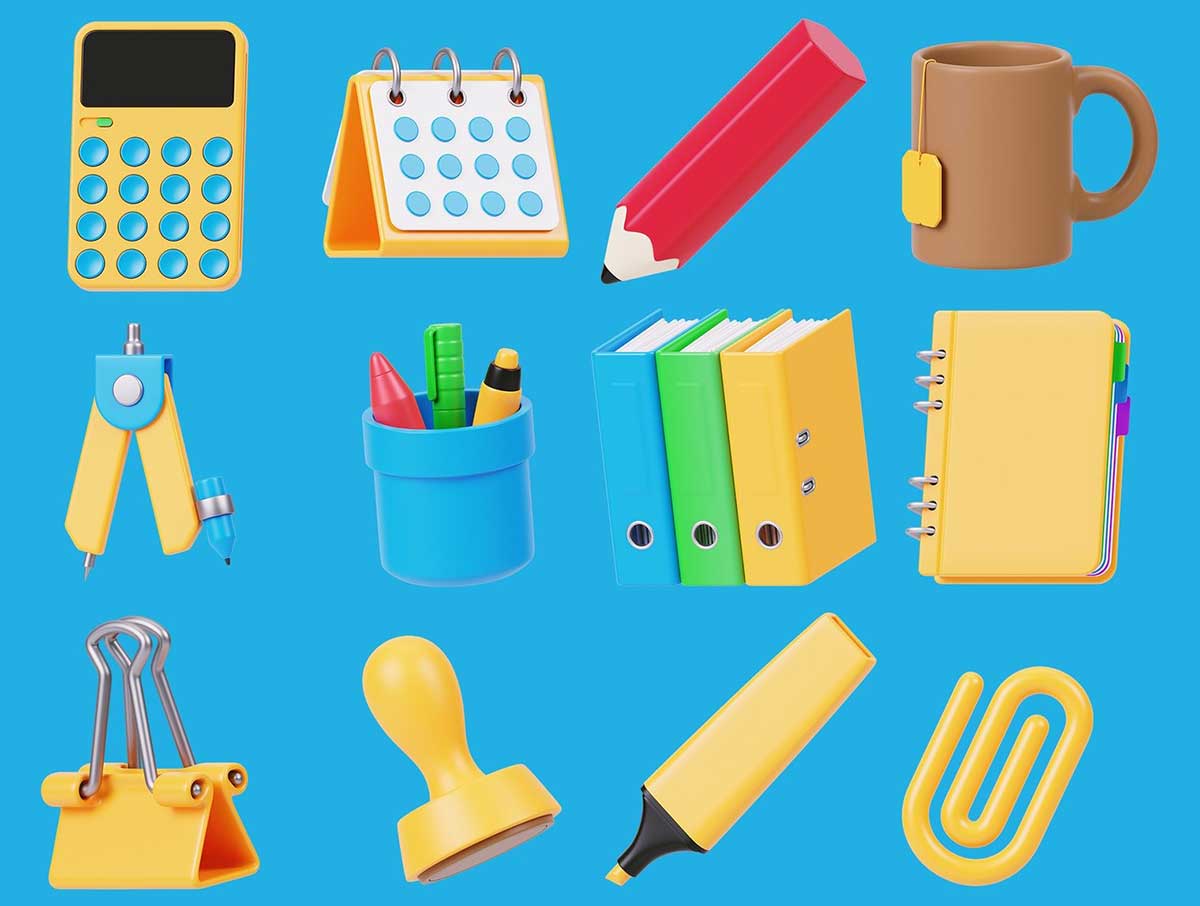 22个卡通办公文具主题图标3D模型素材(Blender,FBX,PNG) Stationery 3D Icon Set