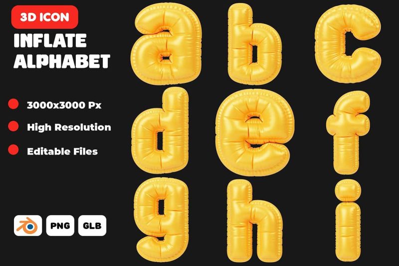 26个膨胀英文字母3D图标模型素材(Blender,FBX,PNG) Inflate Alphabet 3D Icon Pack