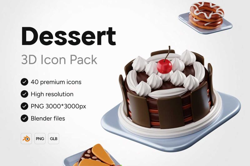40个Blender蛋糕甜点食物3D图标模型素材 3D Dessert Icons