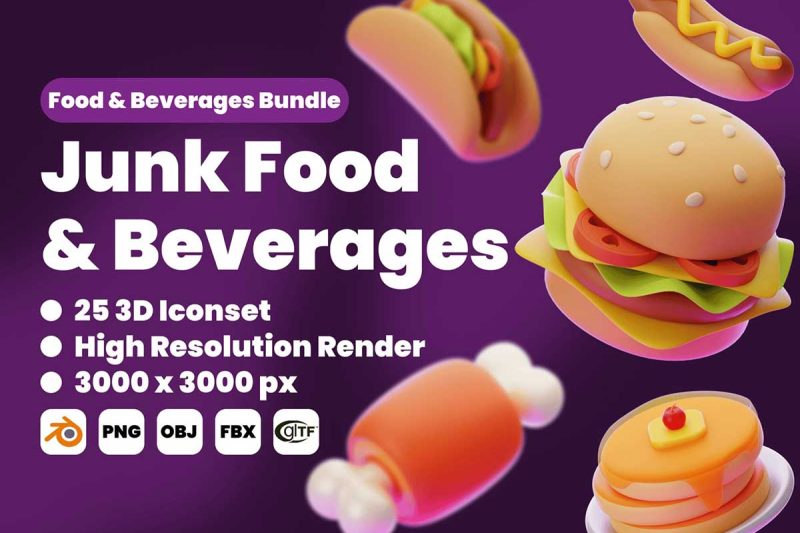 25款卡通汉堡薯条等快餐食品3D模型素材(FBX,OBJ,PNG) Junk Food & Beverages