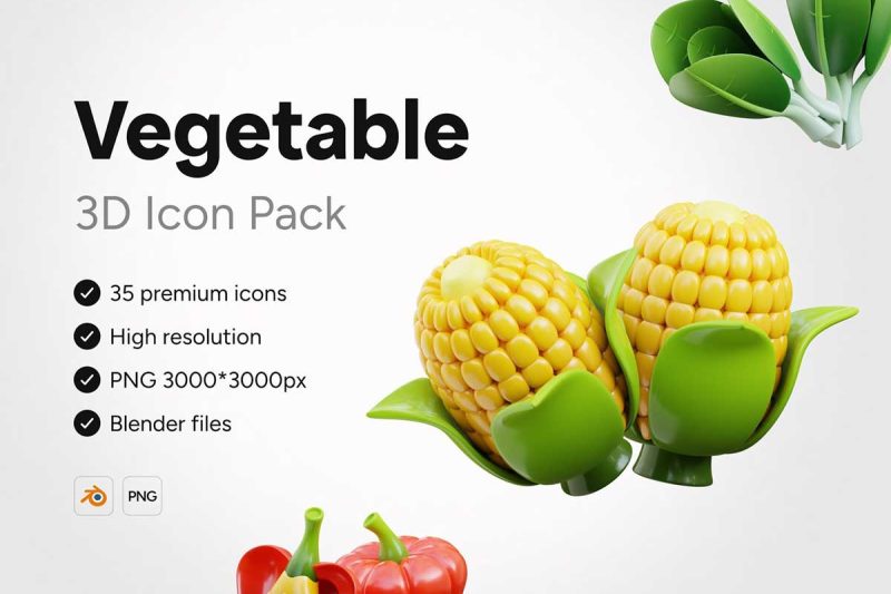 35个Blender蔬菜图标3D模型素材(Blender,PNG) 3D Vegetable Icons