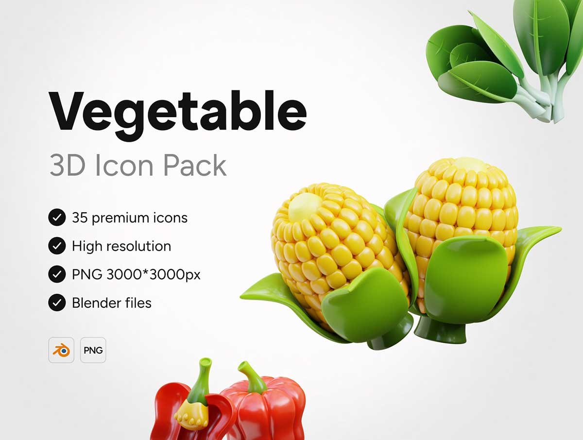 35个Blender蔬菜图标3D模型素材(Blender,PNG) 3D Vegetable Icons