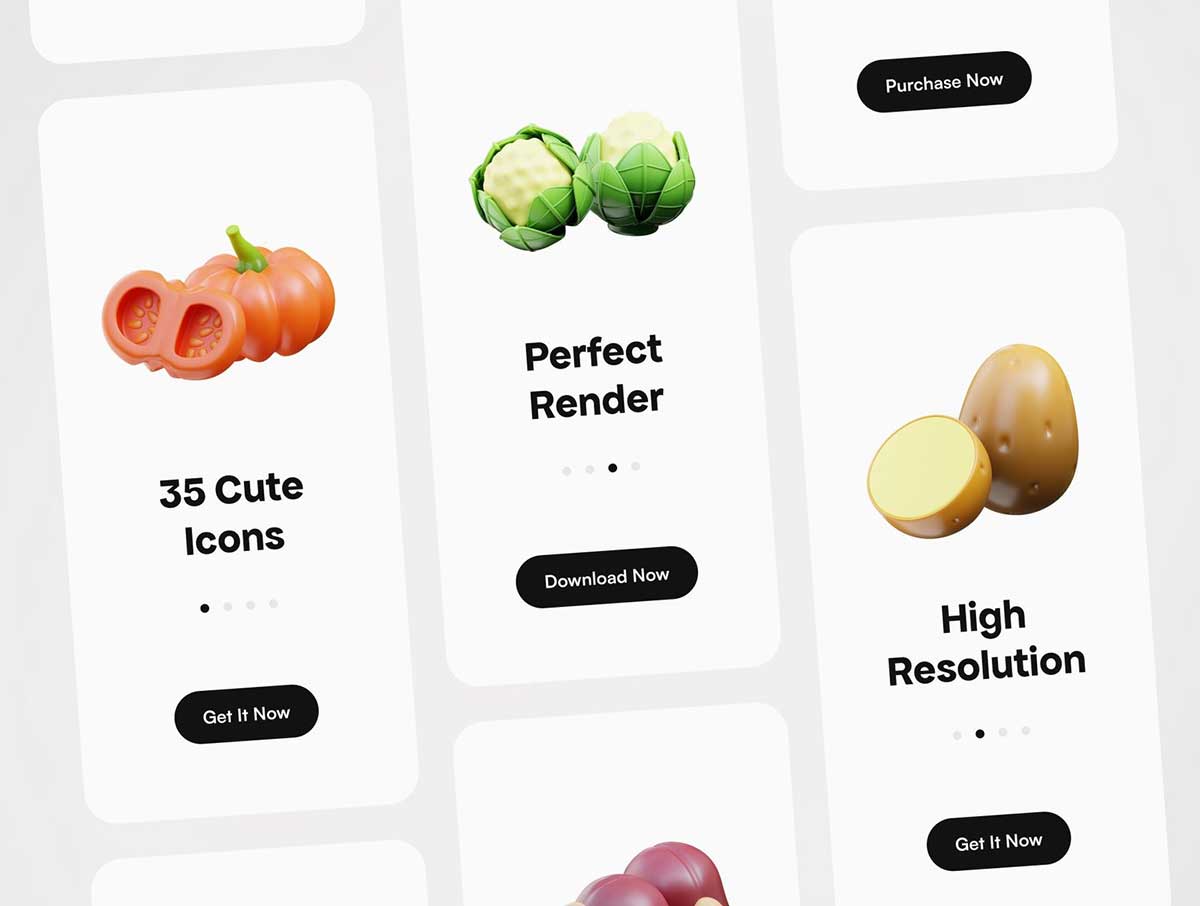 35个Blender蔬菜图标3D模型素材(Blender,PNG) 3D Vegetable Icons