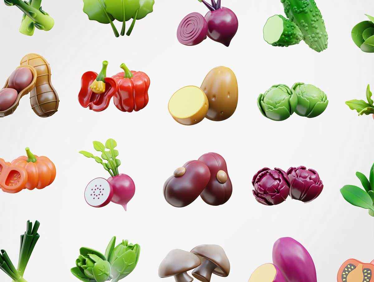 35个Blender蔬菜图标3D模型素材(Blender,PNG) 3D Vegetable Icons