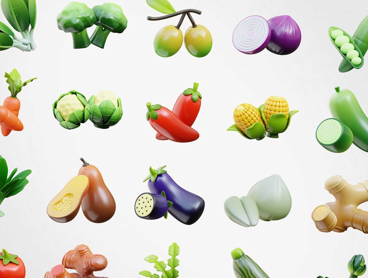 35个Blender蔬菜图标3D模型素材(Blender,PNG) 3D Vegetable Icons
