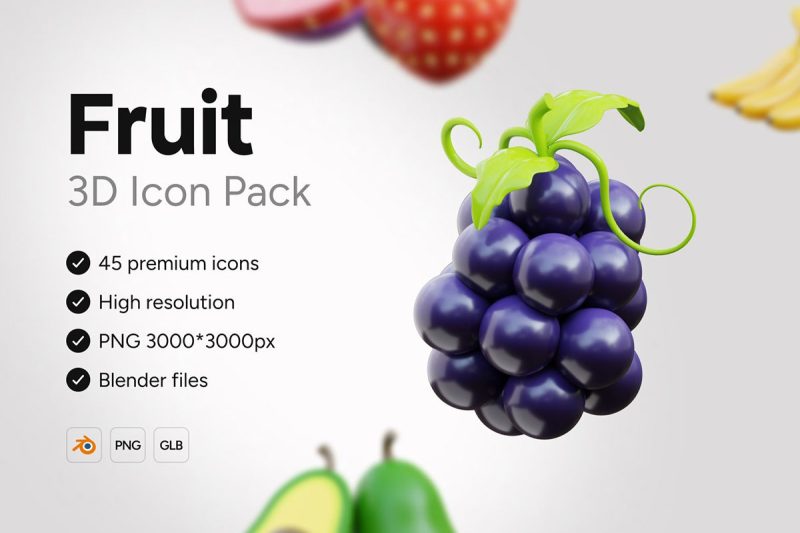45个高品质Blender卡通水果3D图标模型素材(Blender,PNG) 3D Fruit Icons