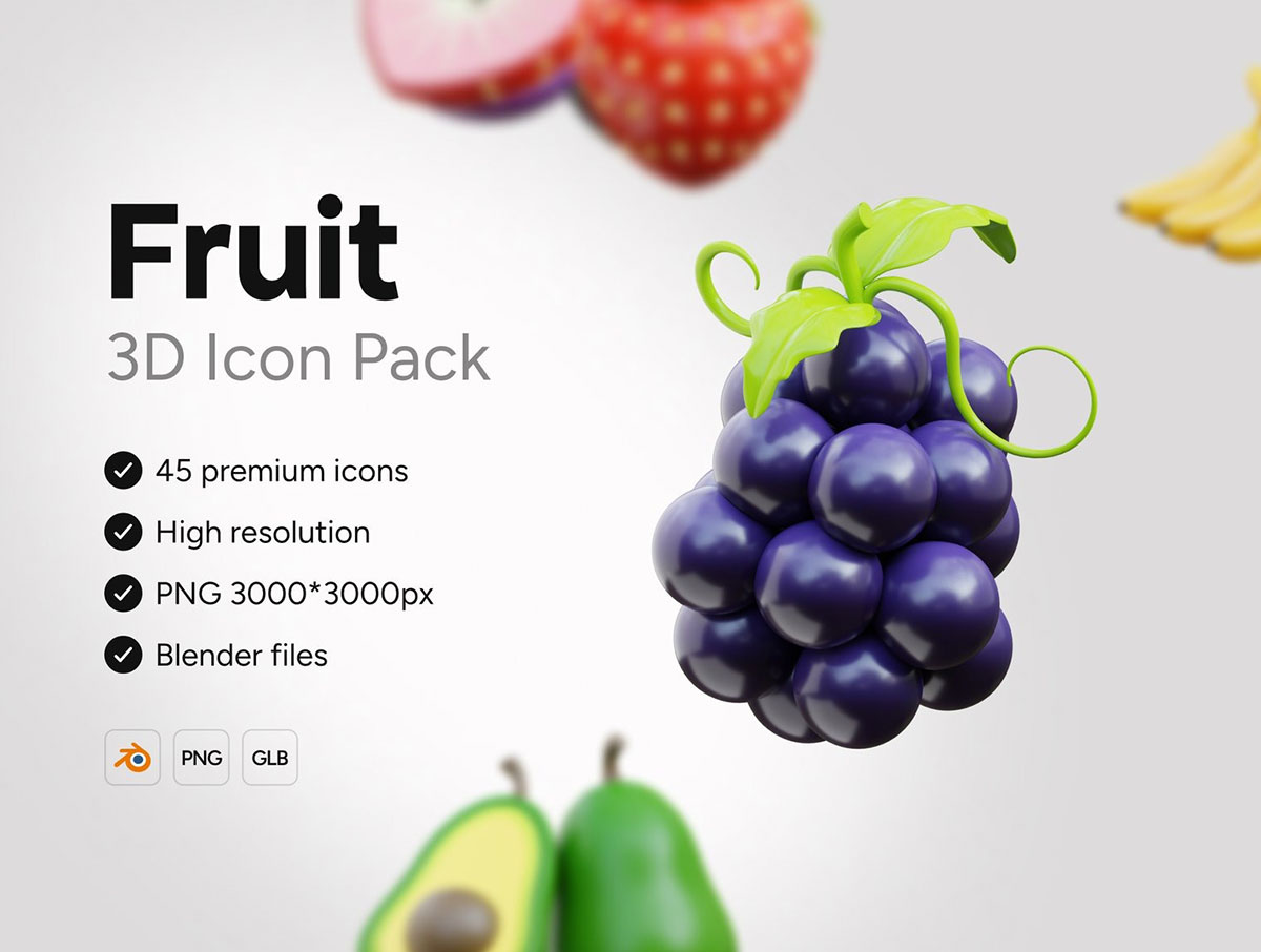 45个高品质Blender卡通水果3D图标模型素材(Blender,PNG) 3D Fruit Icons