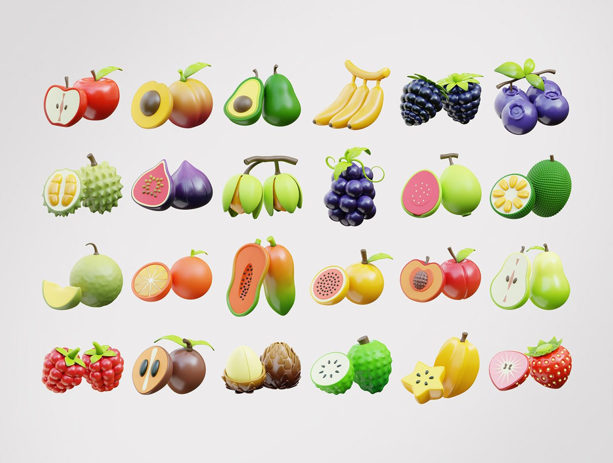 45个高品质Blender卡通水果3D图标模型素材(Blender,PNG) 3D Fruit Icons