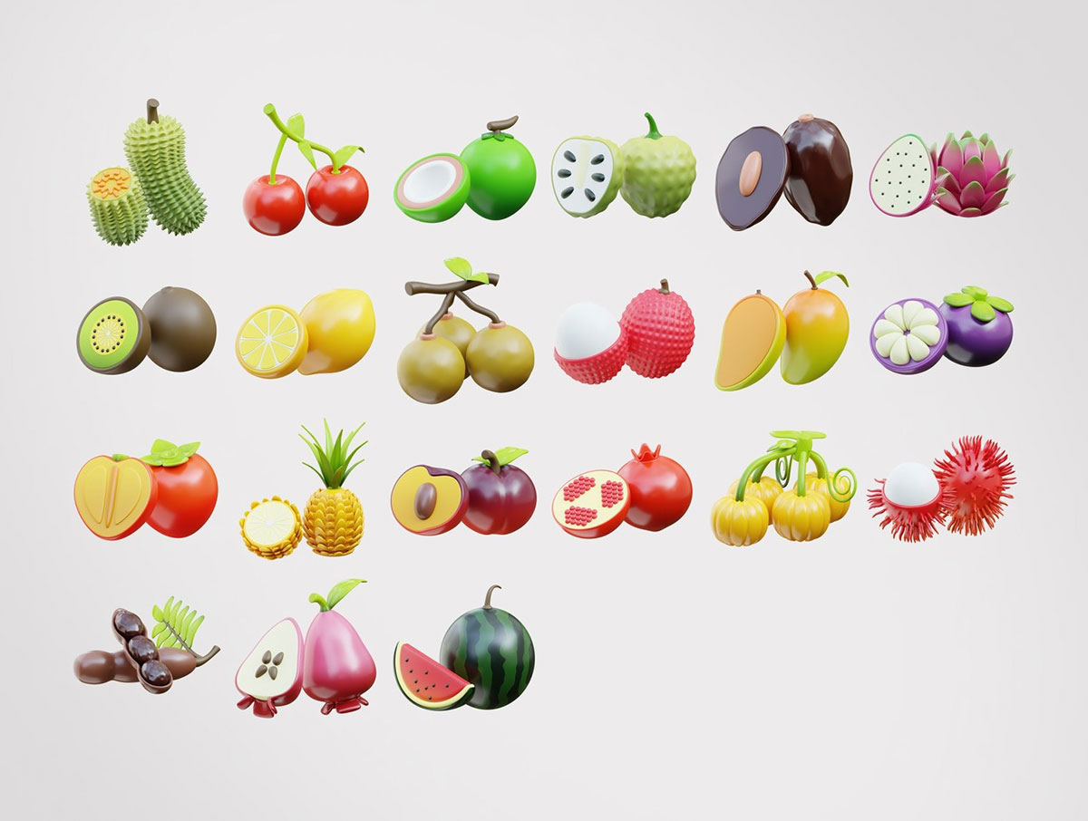 45个高品质Blender卡通水果3D图标模型素材(Blender,PNG) 3D Fruit Icons