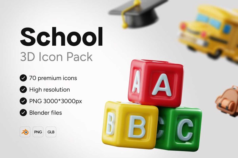 70个Blender学校主题3D图标模型素材(Blender,PNG) 3D School Icons