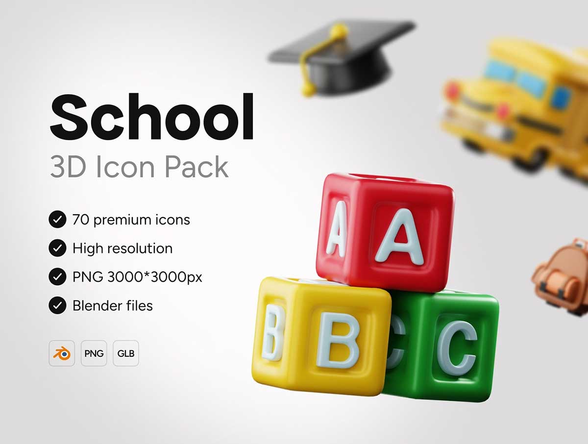 70个Blender学校主题3D图标模型素材(Blender,PNG) 3D School Icons