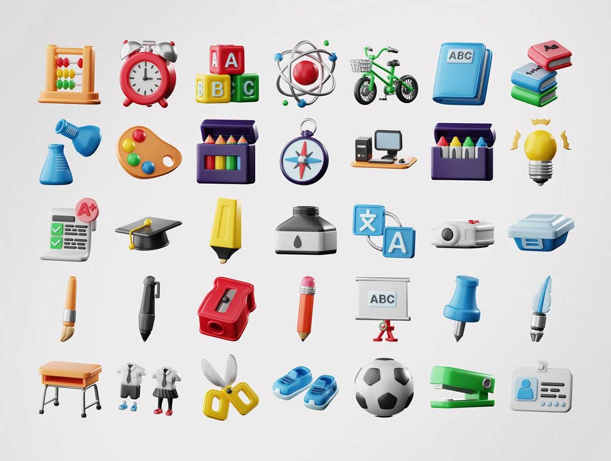 70个Blender学校主题3D图标模型素材(Blender,PNG) 3D School Icons