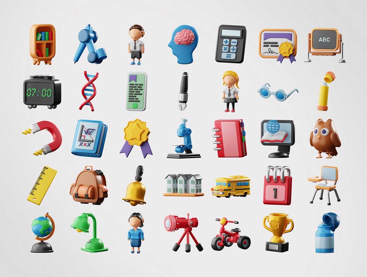 70个Blender学校主题3D图标模型素材(Blender,PNG) 3D School Icons