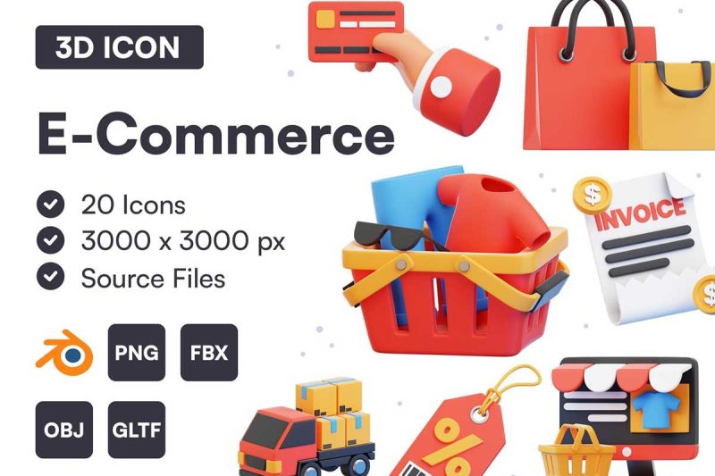 20个电子商务相关3D图标模型素材下载(Blender,FBX,OBJ,PNG) 20 E-Commerce 3D Icon Set