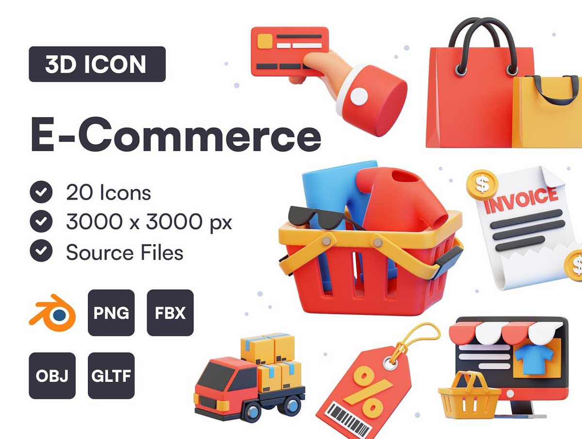 20个电子商务相关3D图标模型素材下载(Blender,FBX,OBJ,PNG) 20 E-Commerce 3D Icon Set
