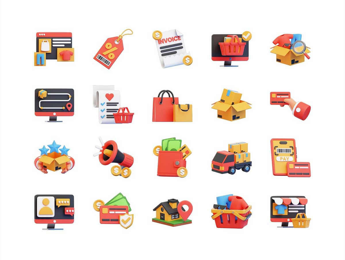 20个电子商务相关3D图标模型素材下载(Blender,FBX,OBJ,PNG) 20 E-Commerce 3D Icon Set