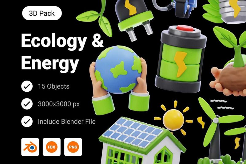 15个精美的生态环保能源主题3D图标模型素材(Blender,FBX,PNG) 15 Unique 3D Icons
