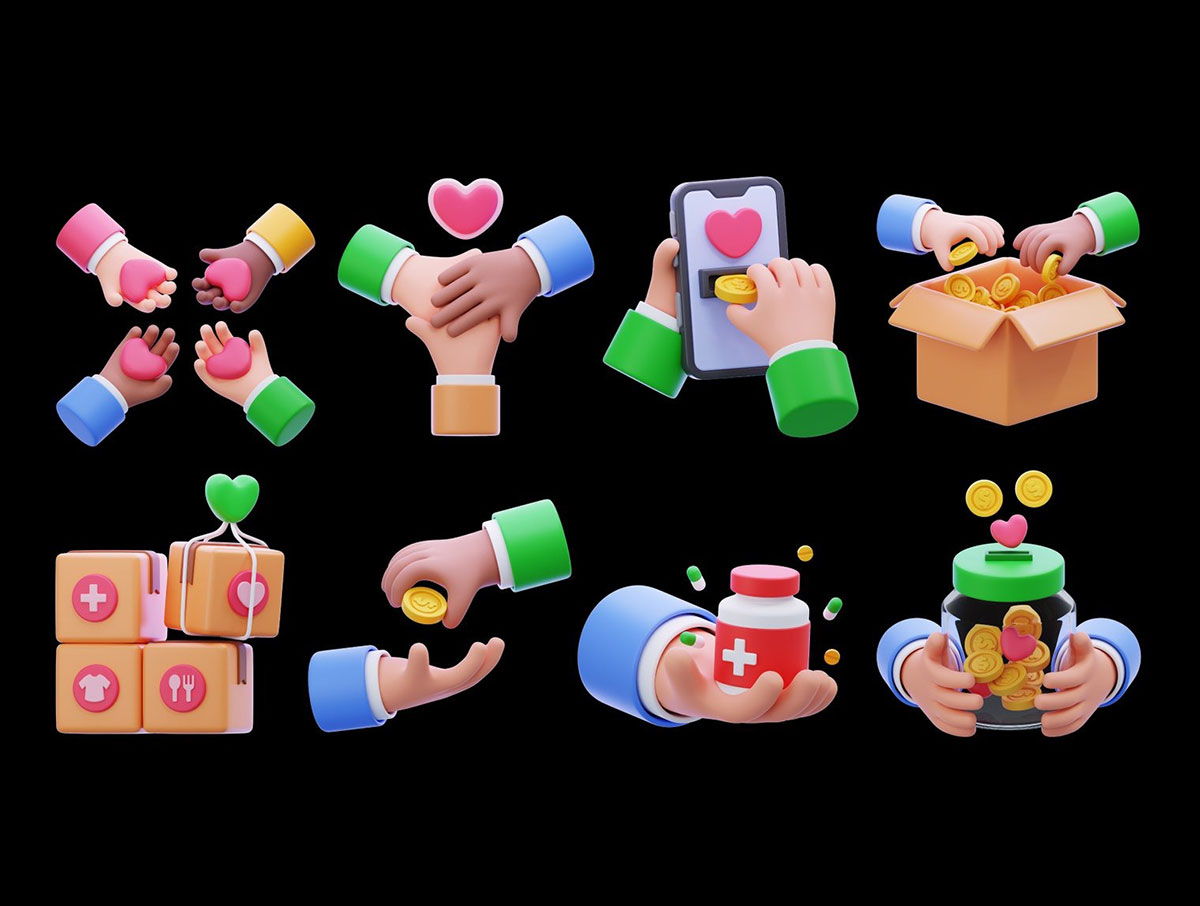 15个慈善捐赠图标3D模型素材(Blender,FBX,PNG) 15 Unique 3D Icons