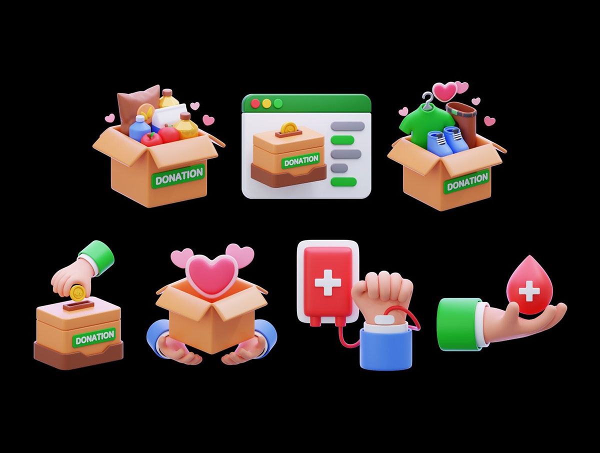 15个慈善捐赠图标3D模型素材(Blender,FBX,PNG) 15 Unique 3D Icons