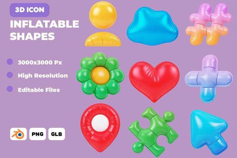 32个Blender充气形状图标3D模型素材(Blender,PNG) Inflatable Shapes 3D Icon Pack