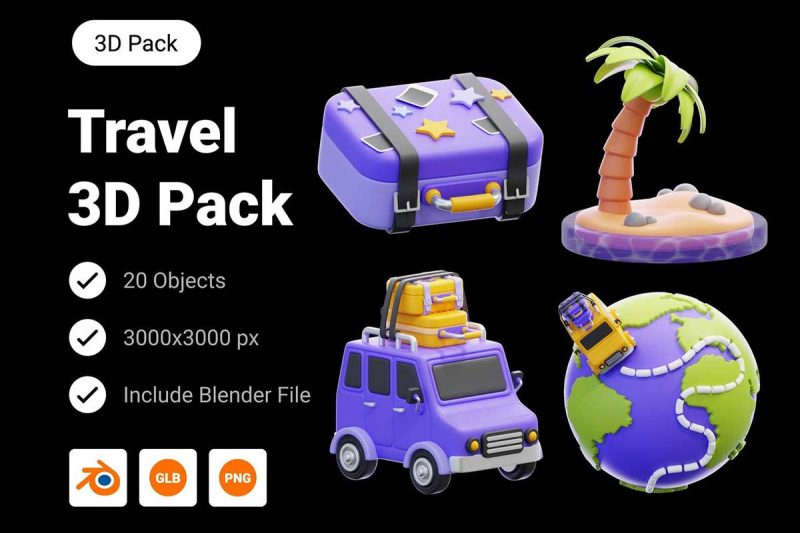 20个Blender旅游度假假日3D图标模型素材(Blender,PNG) Travel Vacation & Holiday 3D Icon Pack
