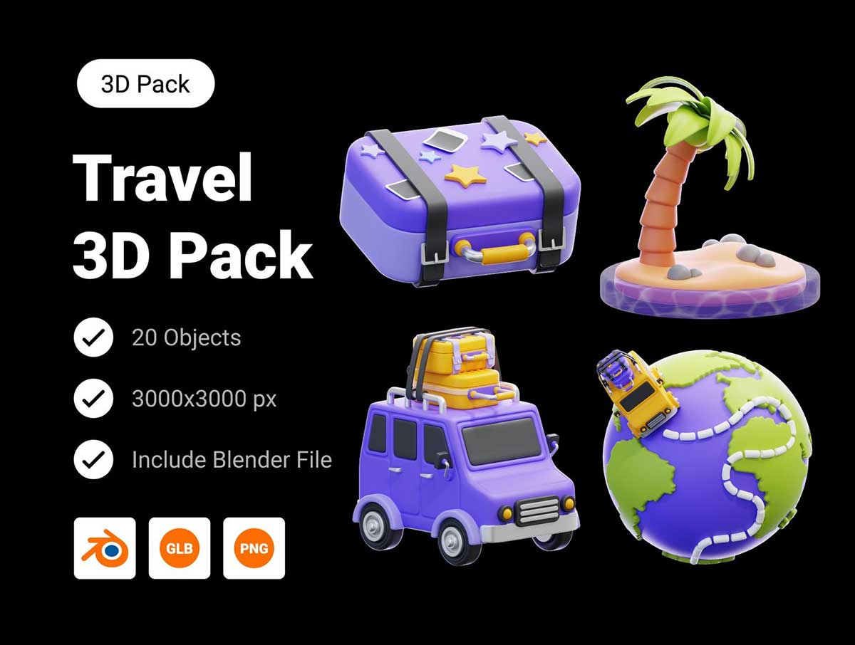 20个Blender旅游度假假日3D图标模型素材(Blender,PNG) Travel Vacation & Holiday 3D Icon Pack