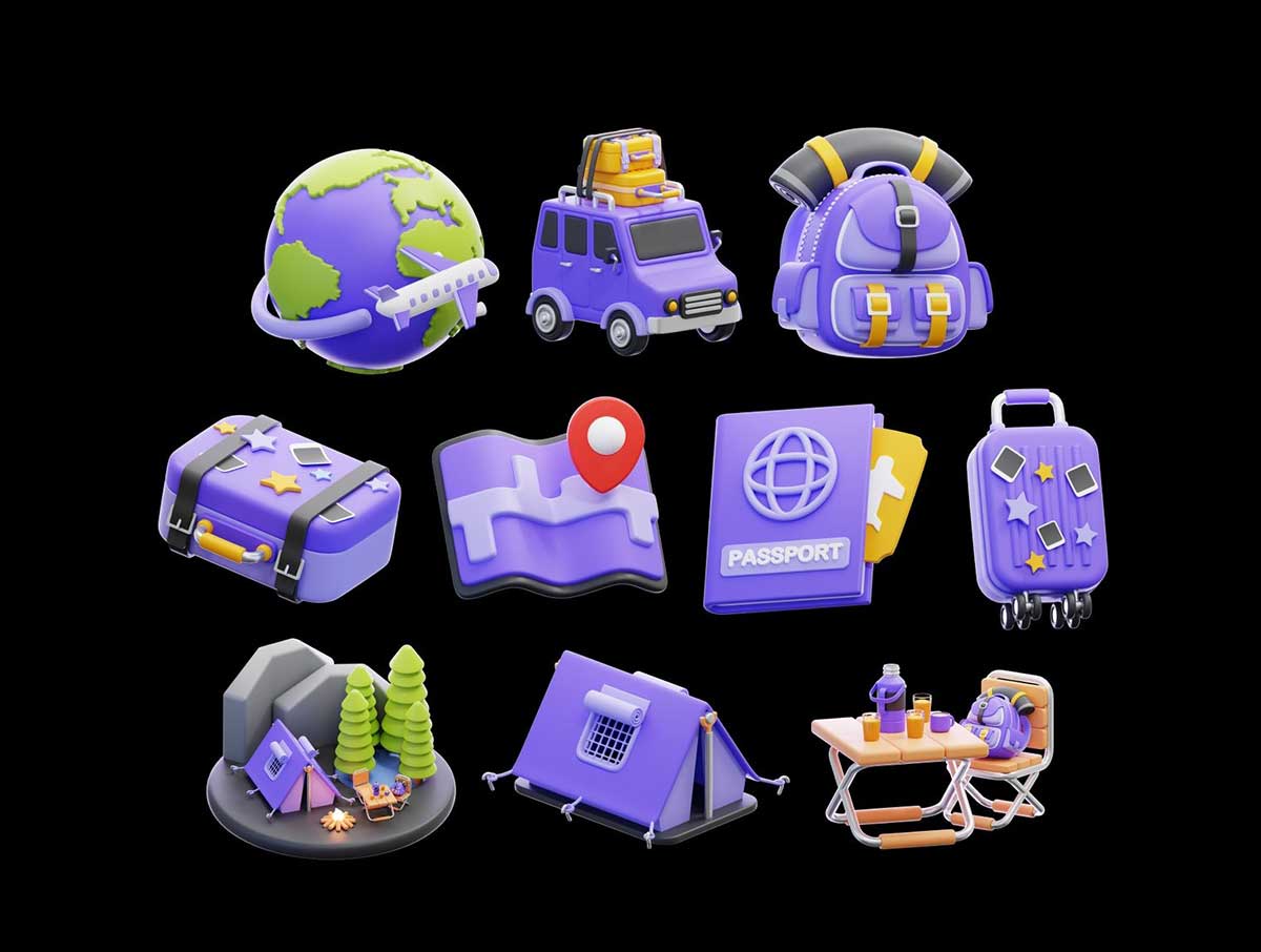 20个Blender旅游度假假日3D图标模型素材(Blender,PNG) Travel Vacation & Holiday 3D Icon Pack