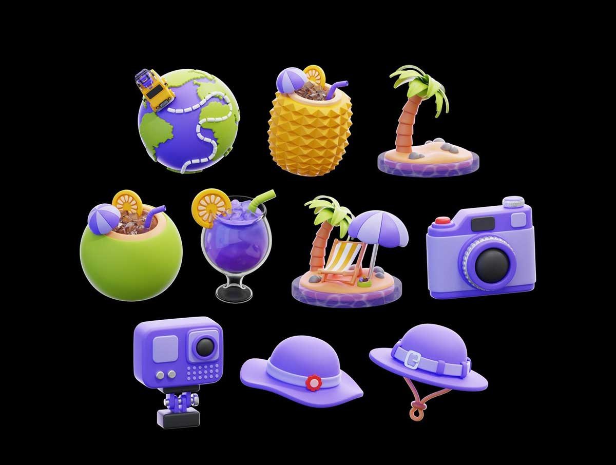 20个Blender旅游度假假日3D图标模型素材(Blender,PNG) Travel Vacation & Holiday 3D Icon Pack